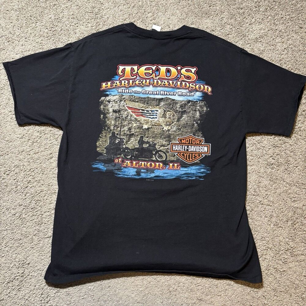 Harley Davidson Black Graphic T-Shirt Mens L Alton Illinois Biker Double Sided